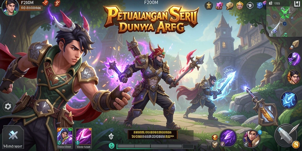 Screenshot gameplay F200M menunjukkan pertarungan seru di dunia fantasi.