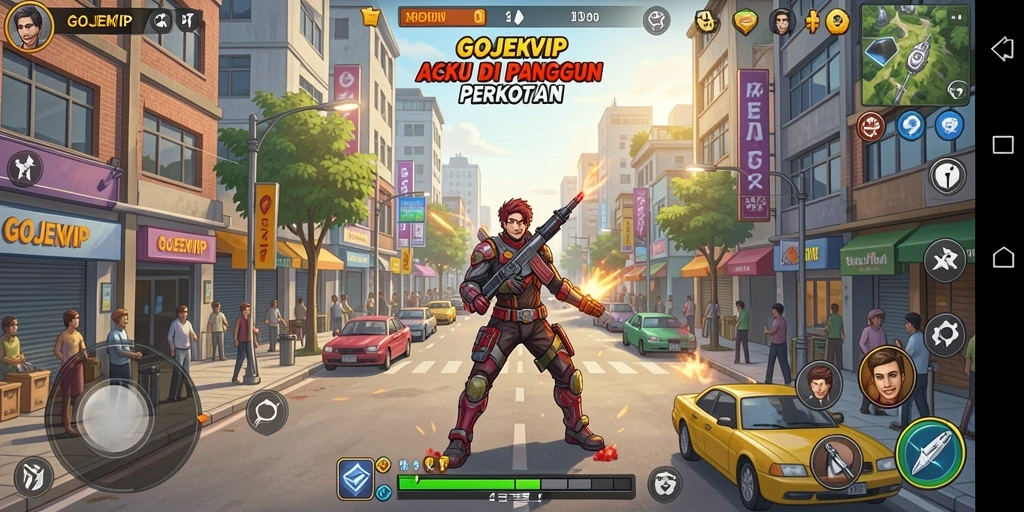 Screenshot gameplay GOJEKVIP menampilkan aksi mendebarkan di kota.