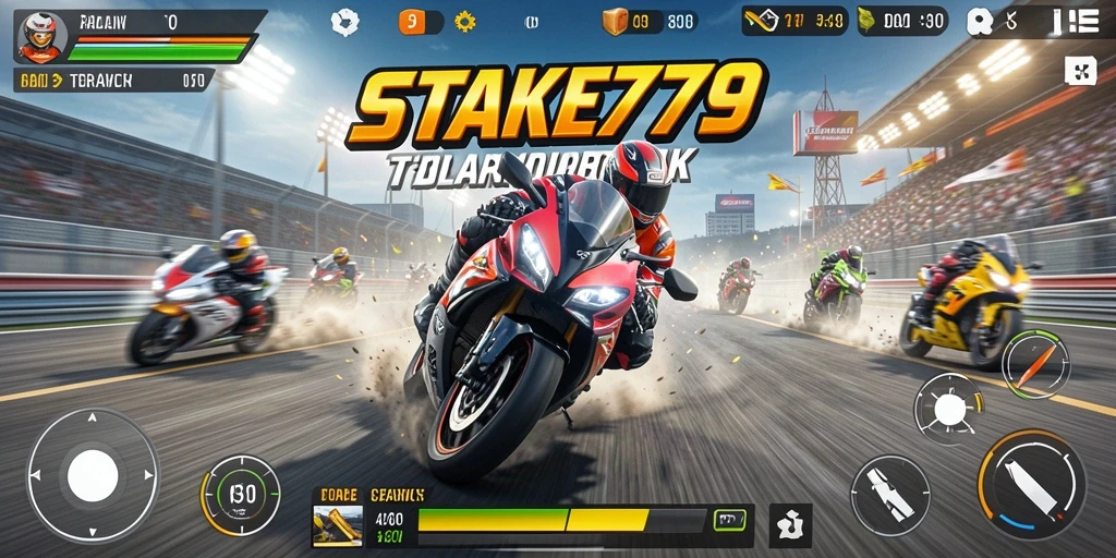 Screenshot STAKE779 menampilkan balapan motor yang cepat dan mendebarkan.